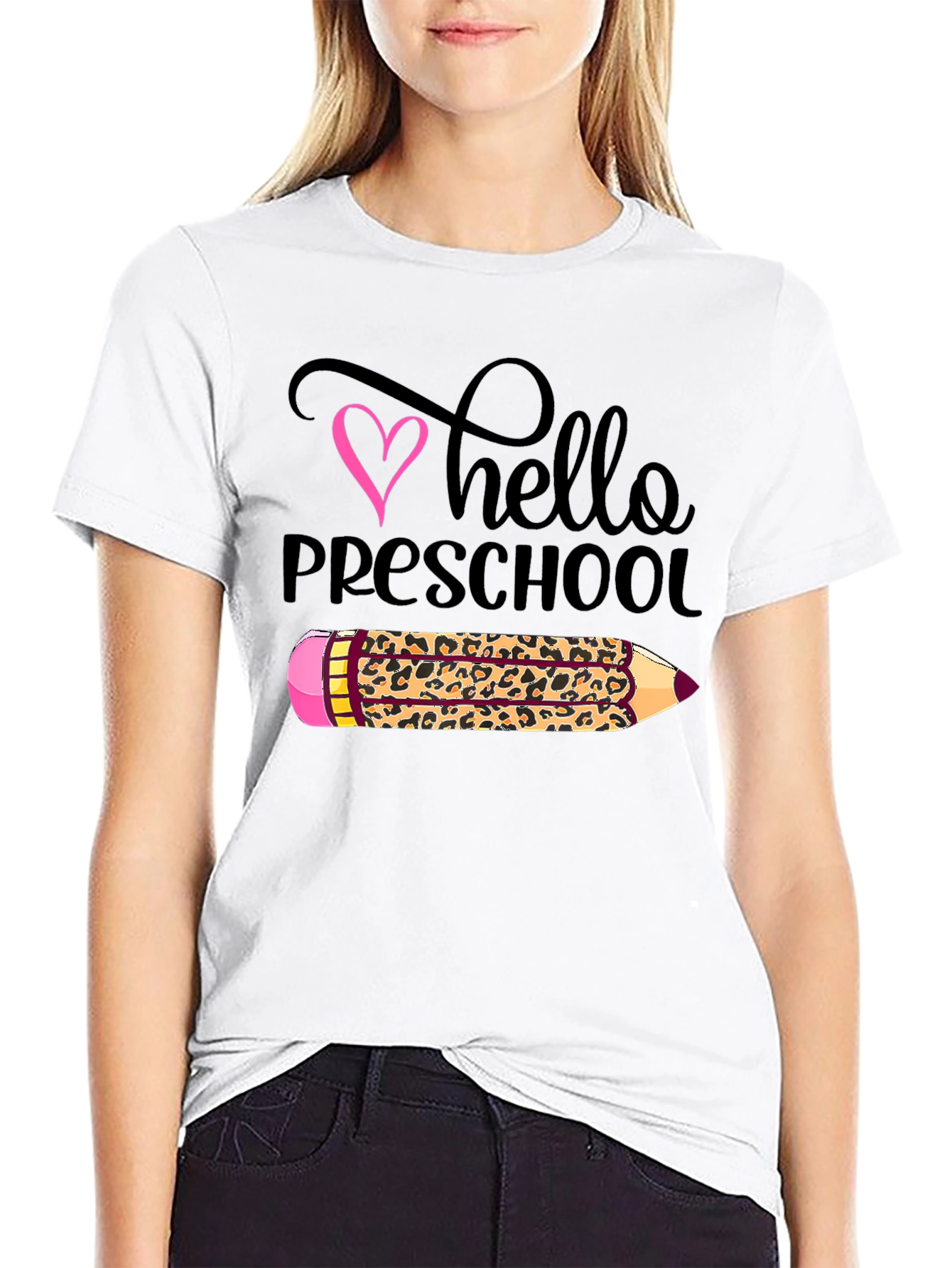 Hello Preschool Leopard Print Pencil T-Shirt