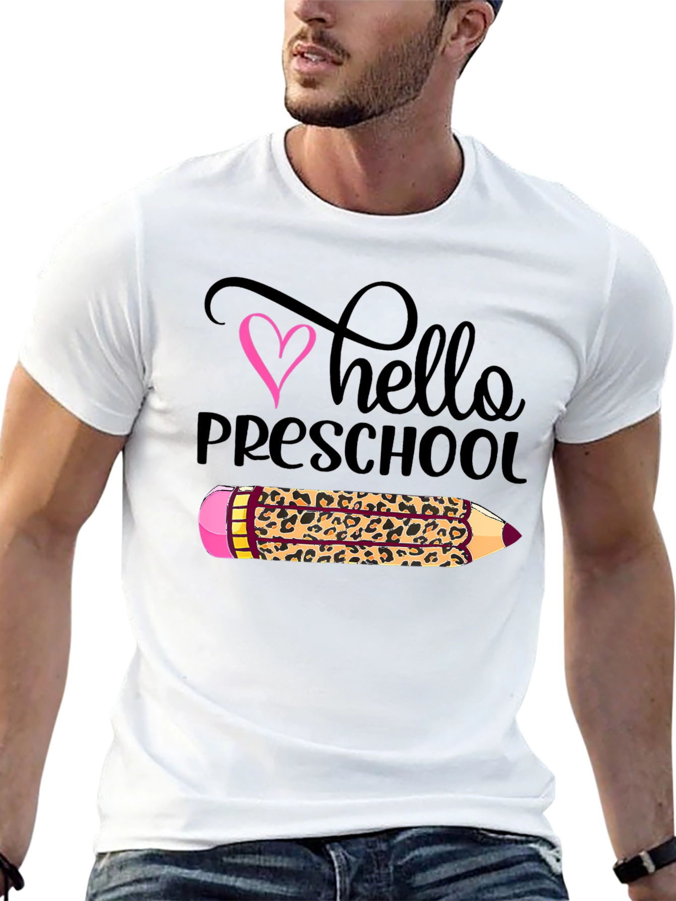 Hello Preschool Leopard Print Pencil T-Shirt