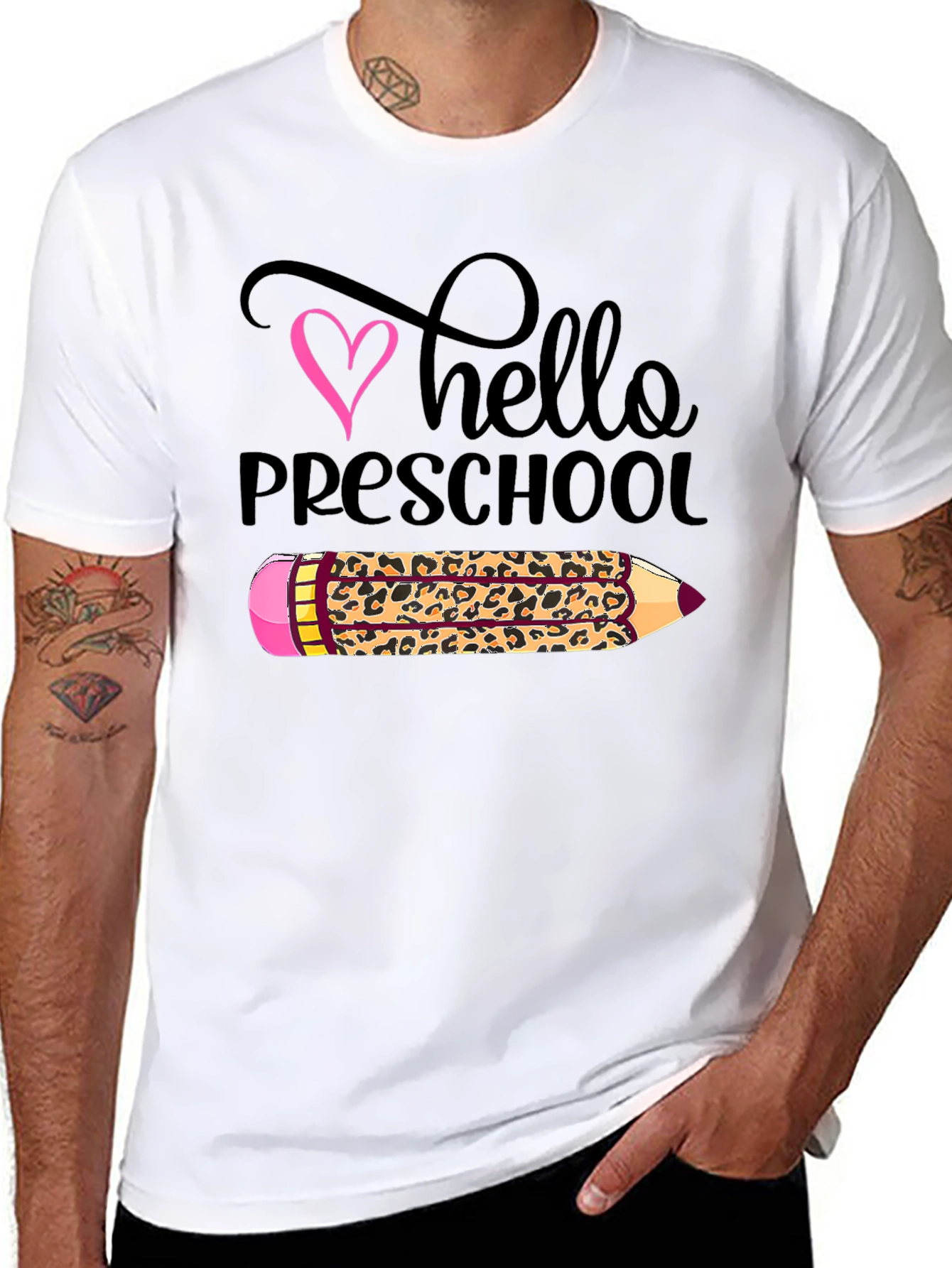 Hello Preschool Leopard Print Pencil T-Shirt