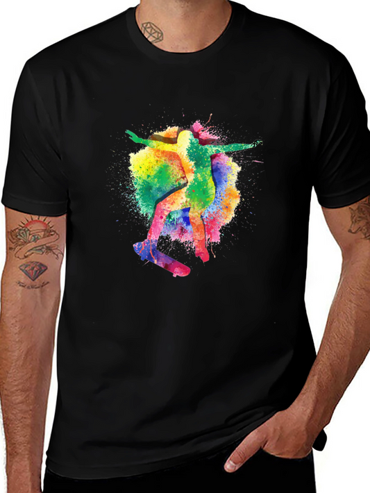 Skateboarding Watercolor Graphic Black T-Shirt