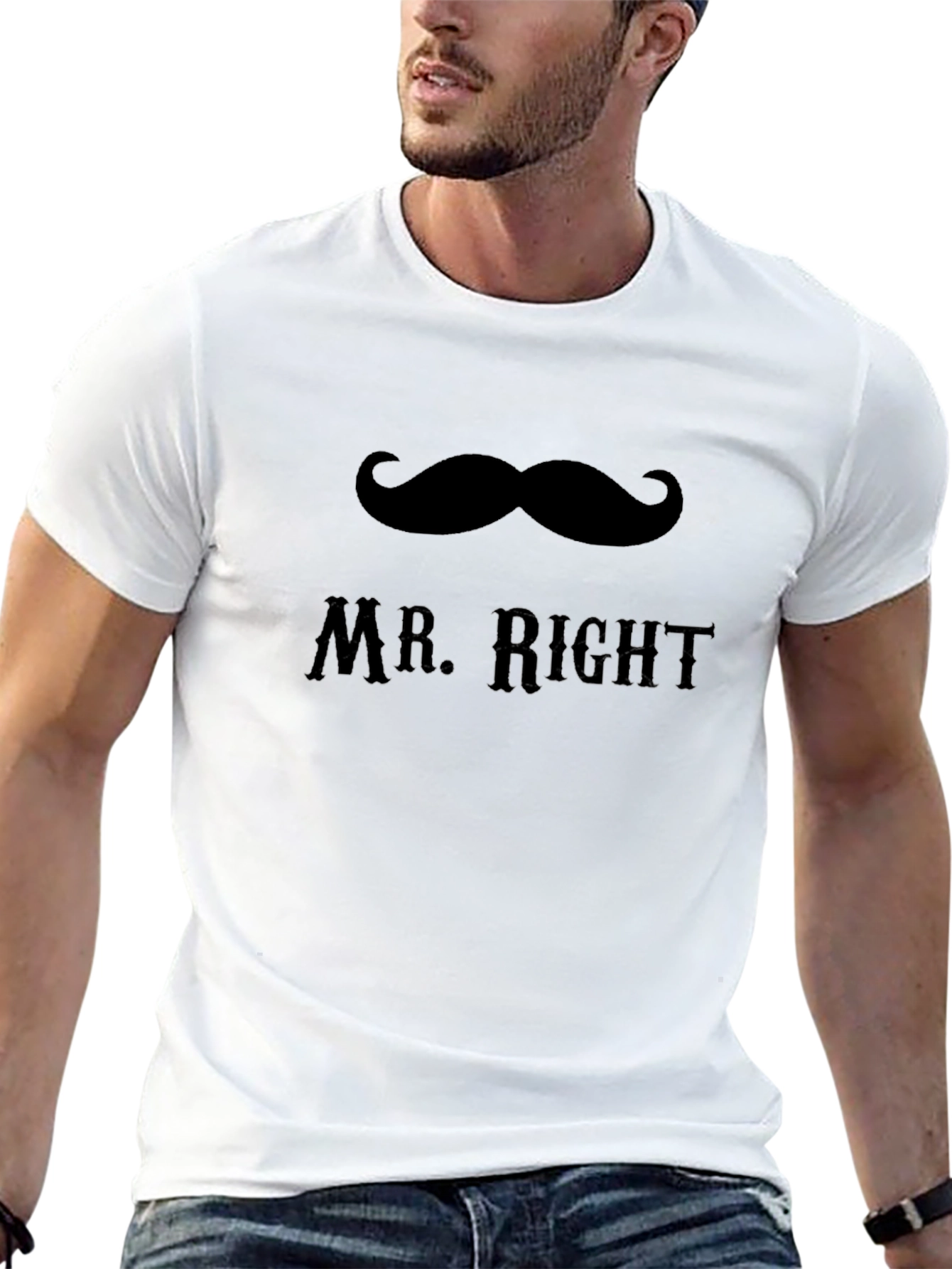 Mr. Right Moustache Graphic T-Shirt - Black