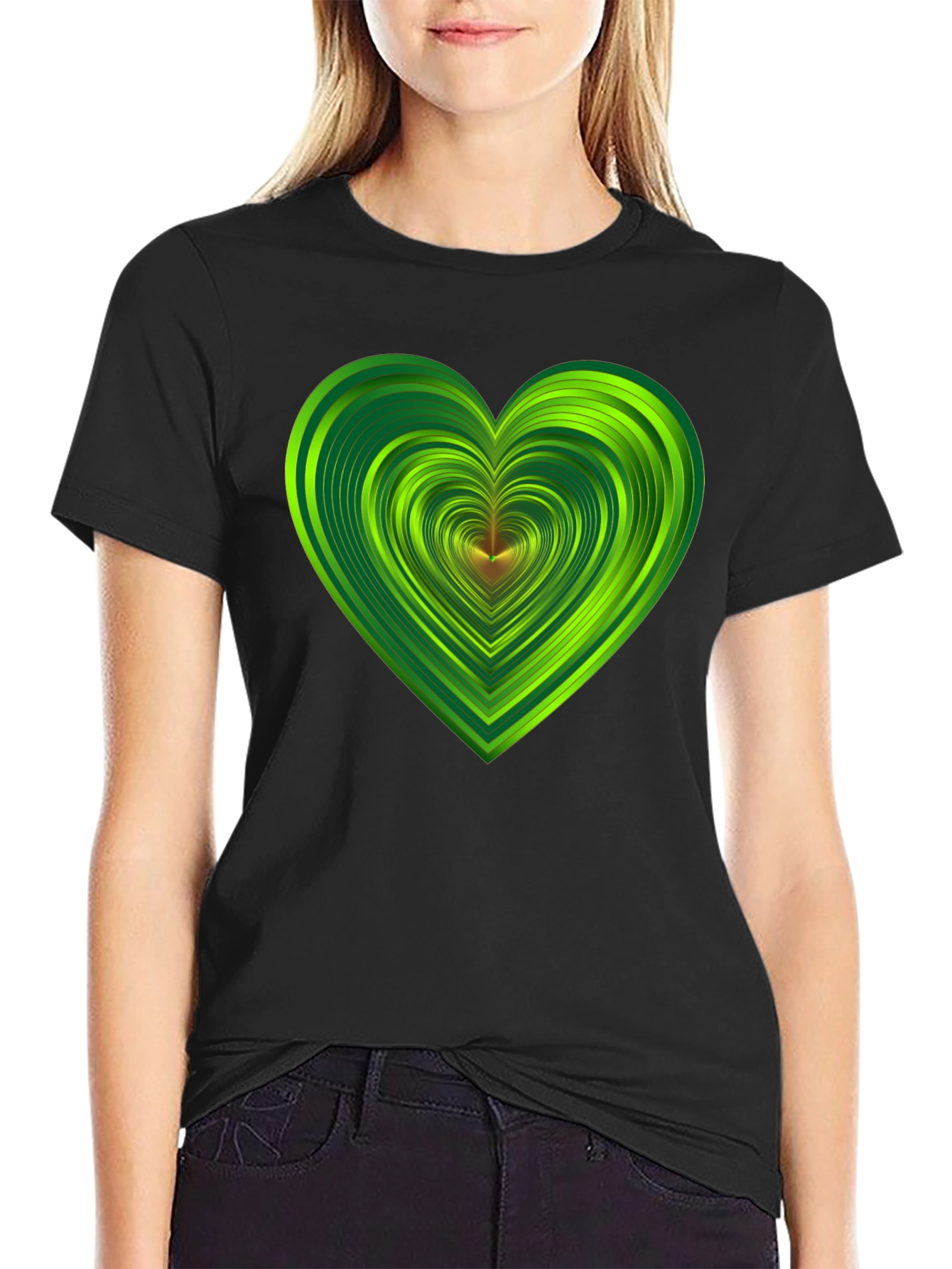 Green Heart Graphic Black T-Shirt