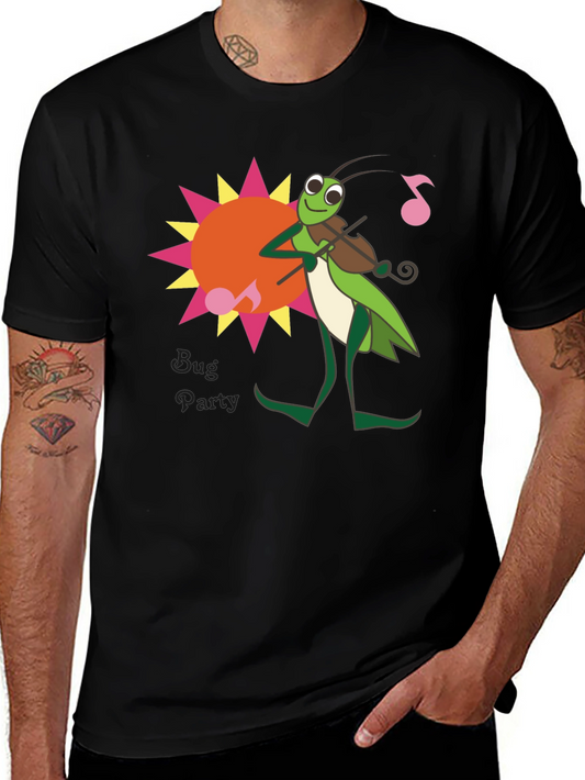 Bug Party Black T-Shirt with Grasshopper Musician Design