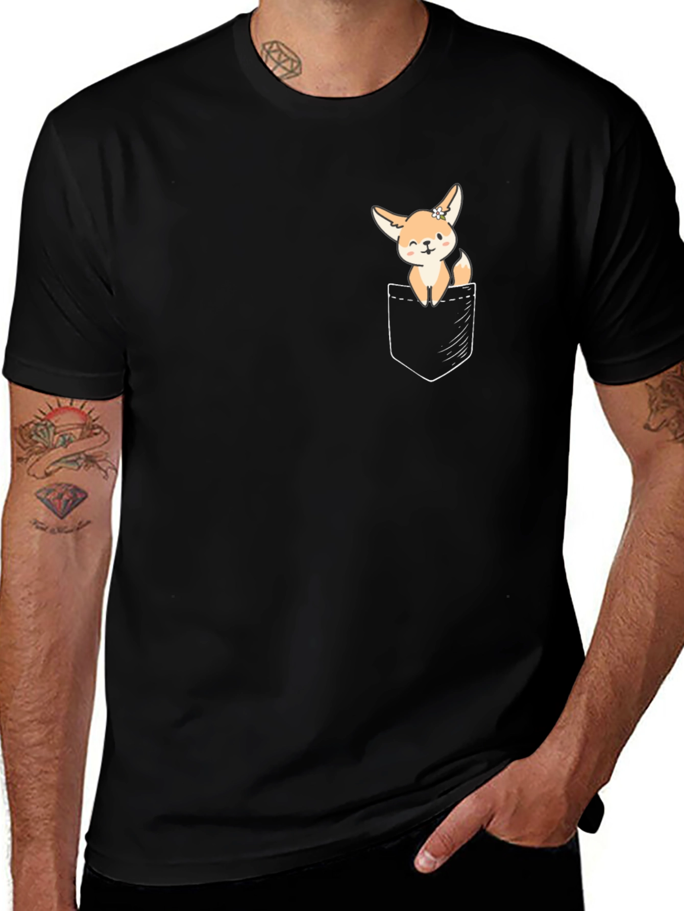 Cute Fennec Fox Pocket T-Shirt - Unisex Black Tee