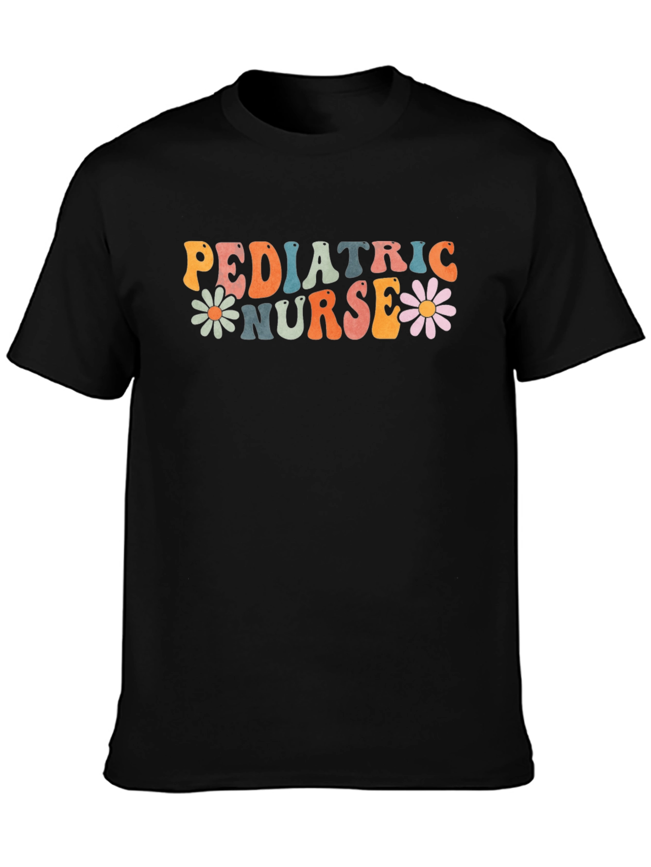 Pediatric Nurse Graphic Tee Retro Daisy Flower Black T-Shirt