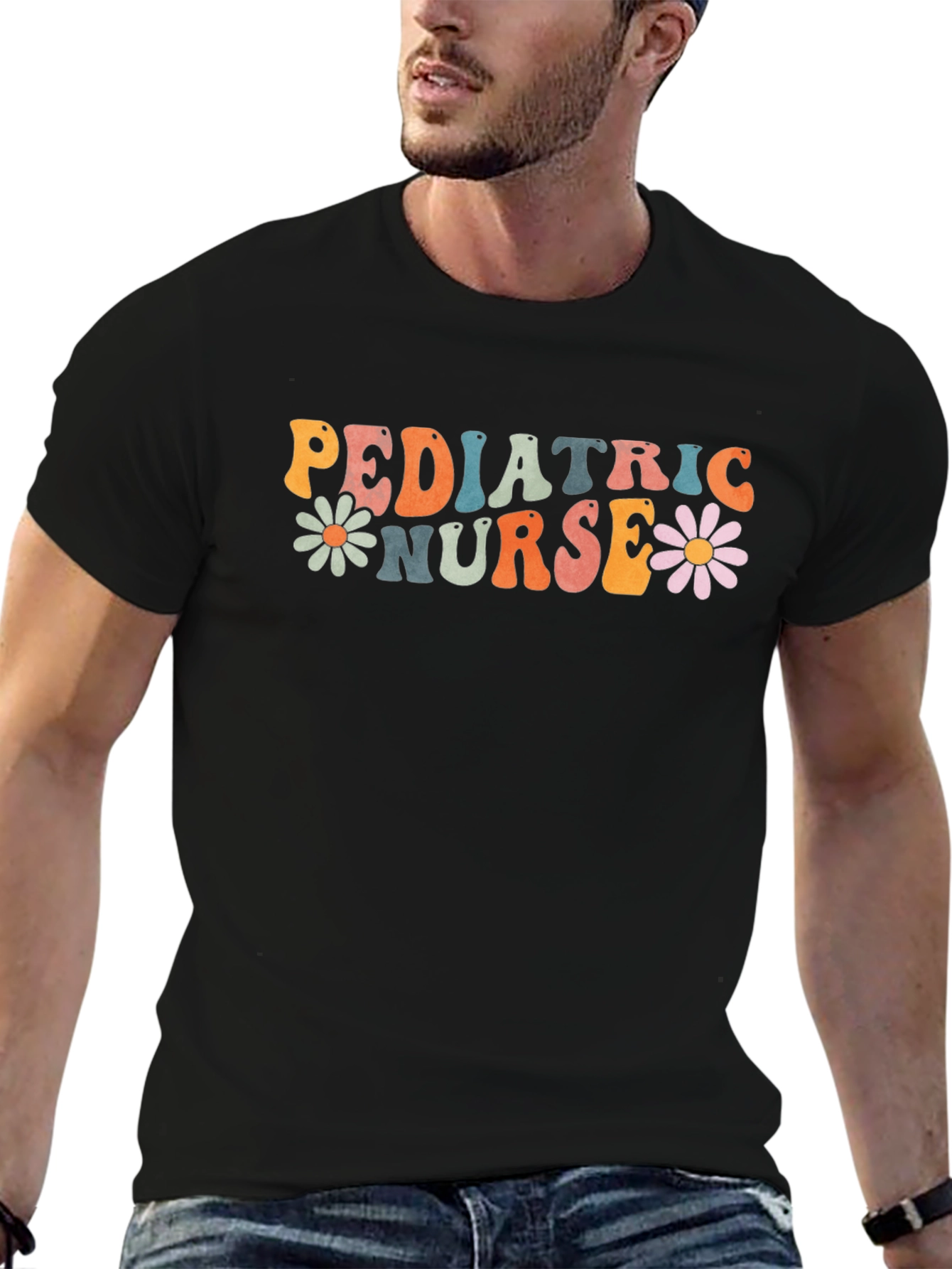 Pediatric Nurse Graphic Tee Retro Daisy Flower Black T-Shirt