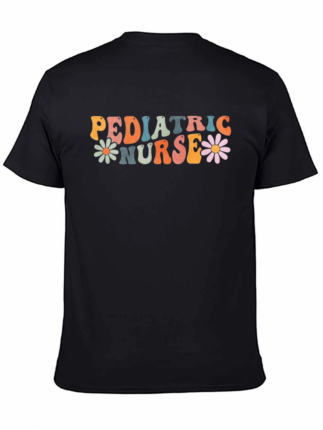 Pediatric Nurse Graphic Tee Retro Daisy Flower Black T-Shirt