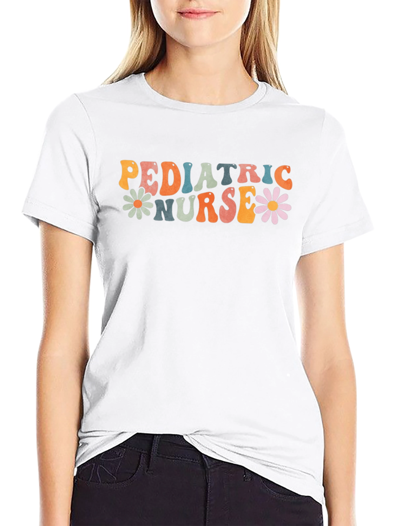 Pediatric Nurse Graphic Tee Retro Daisy Flower Black T-Shirt