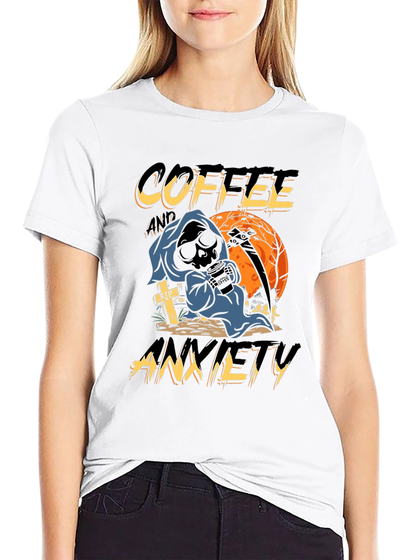 Coffee & Anxiety T-Shirt - Grim Reaper Halloween Design