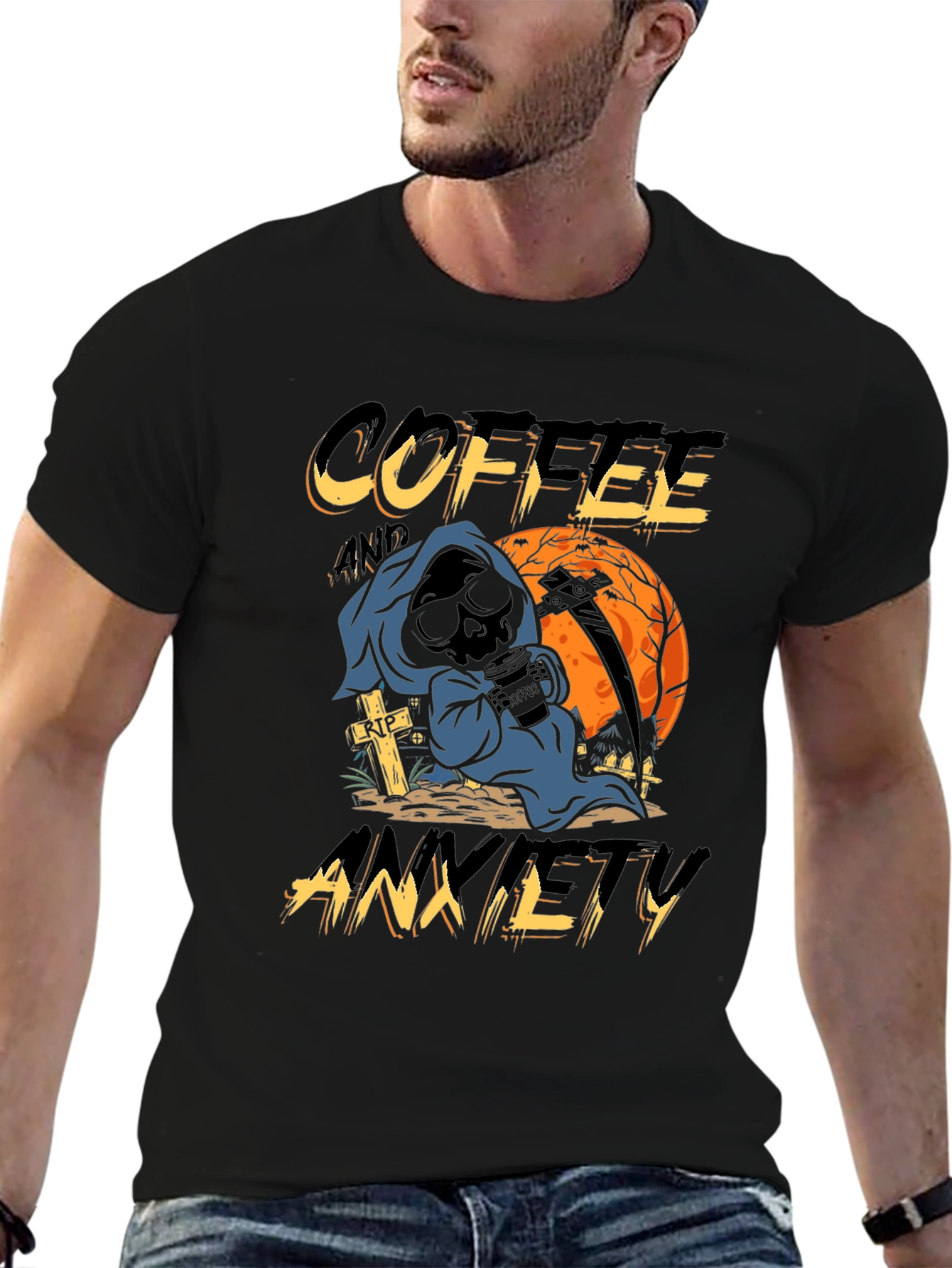 Coffee & Anxiety T-Shirt - Grim Reaper Halloween Design