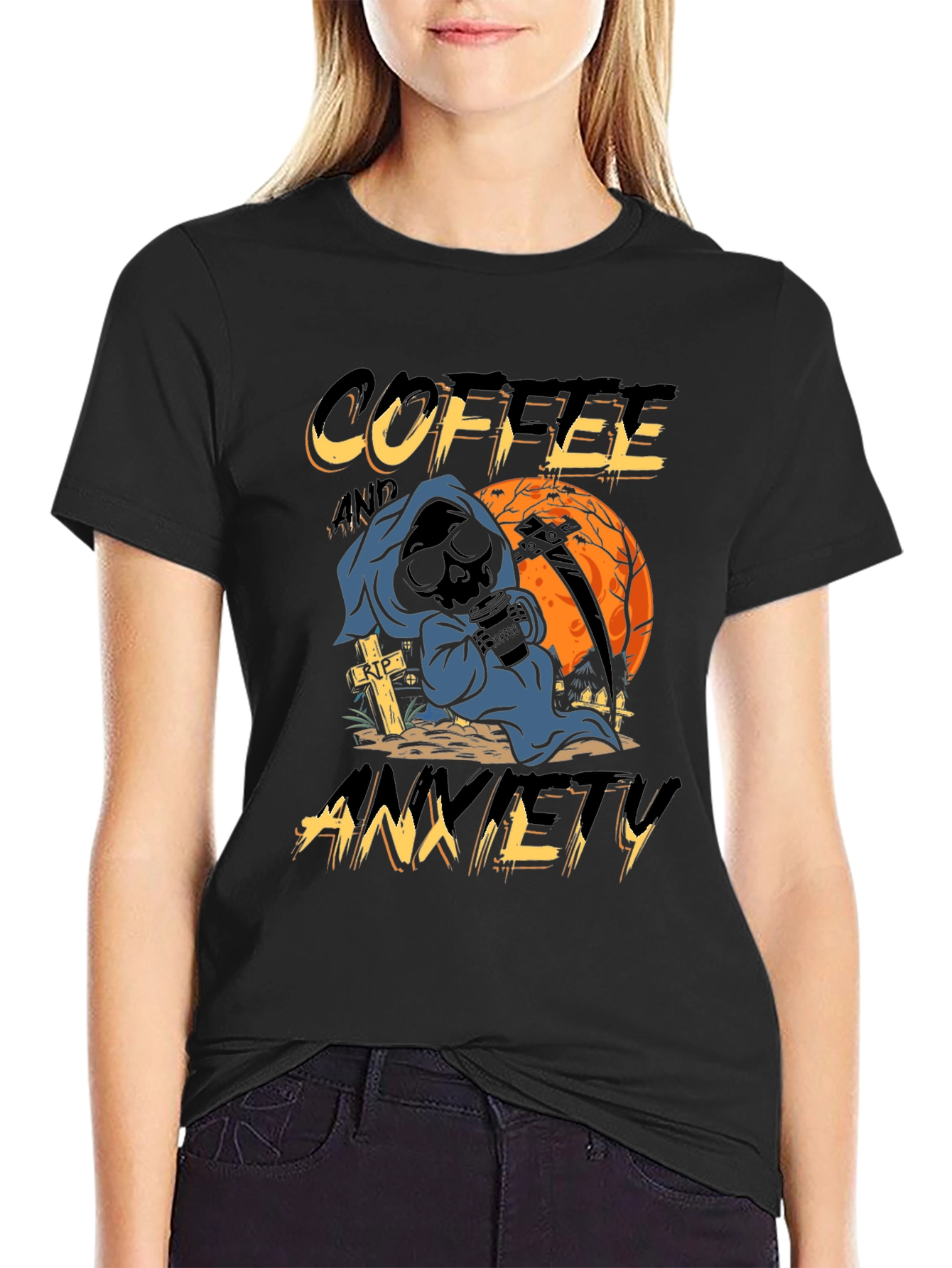 Coffee & Anxiety T-Shirt - Grim Reaper Halloween Design