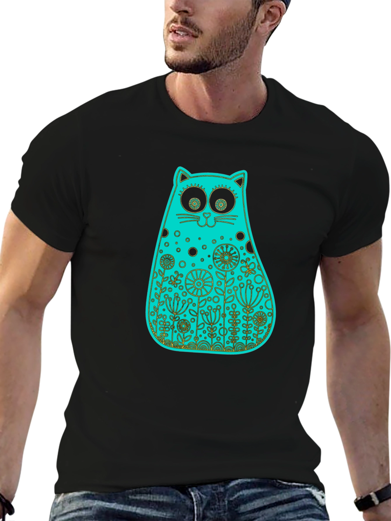 Whimsical Floral Cat Tee - Black Cotton T-Shirt