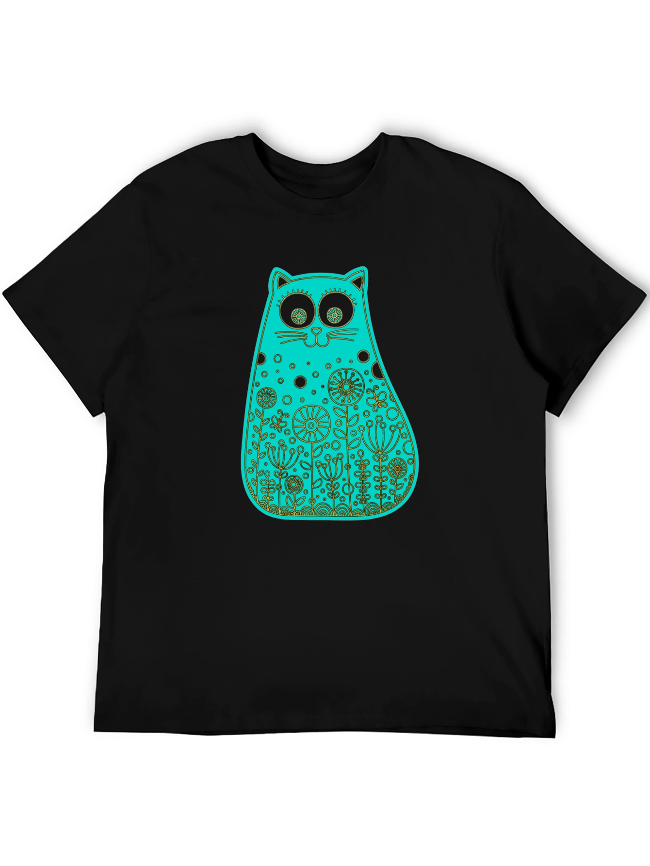 Whimsical Floral Cat Tee - Black Cotton T-Shirt