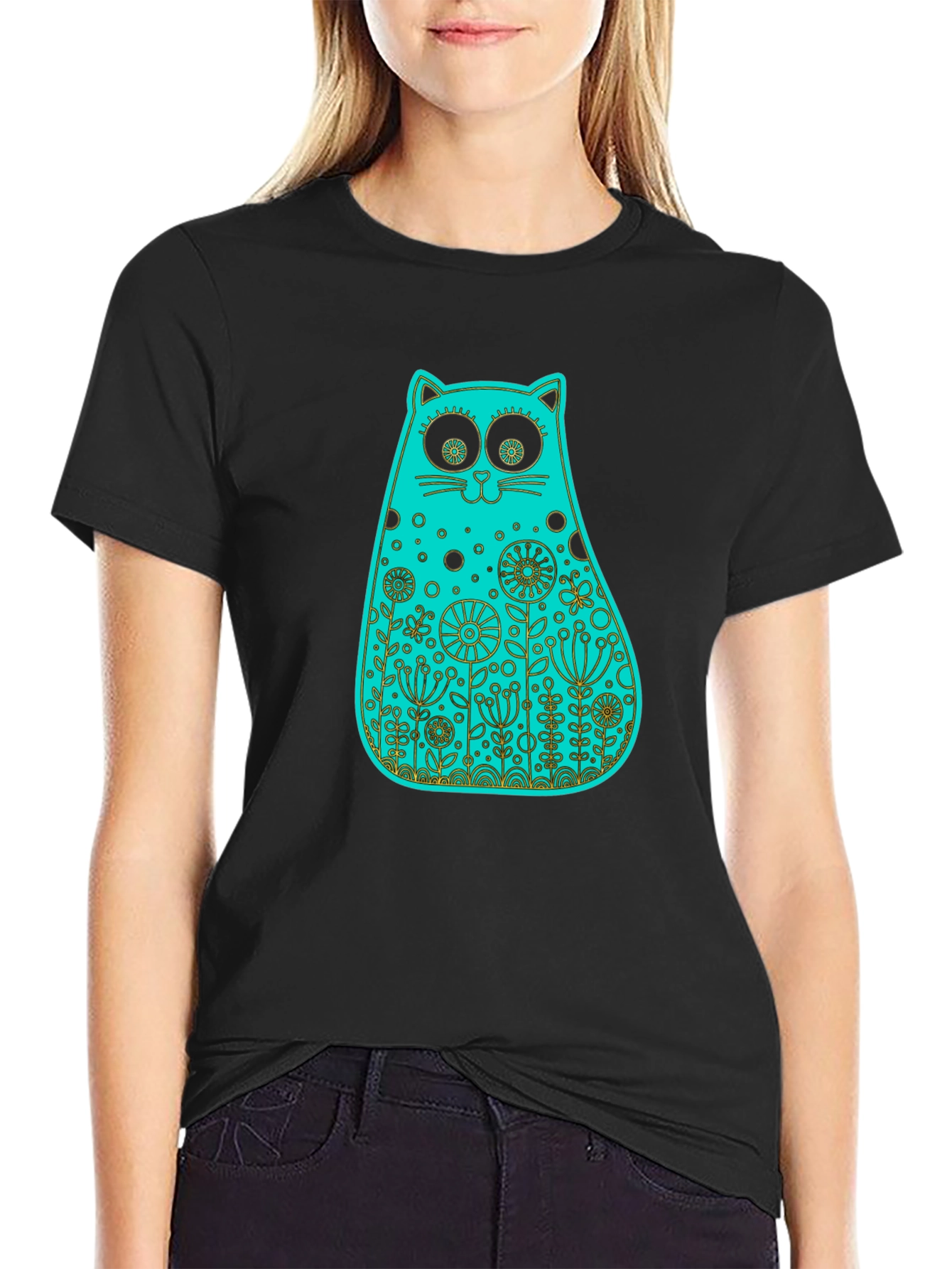 Whimsical Floral Cat Tee - Black Cotton T-Shirt