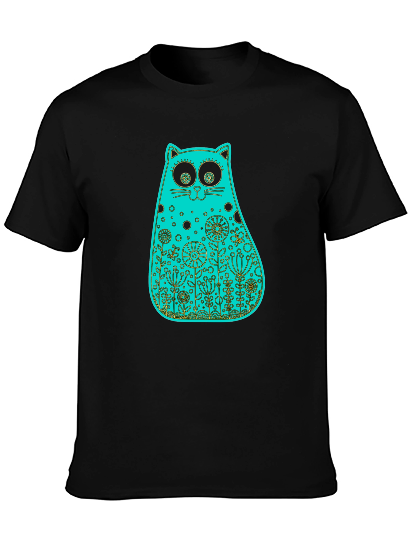 Whimsical Floral Cat Tee - Black Cotton T-Shirt