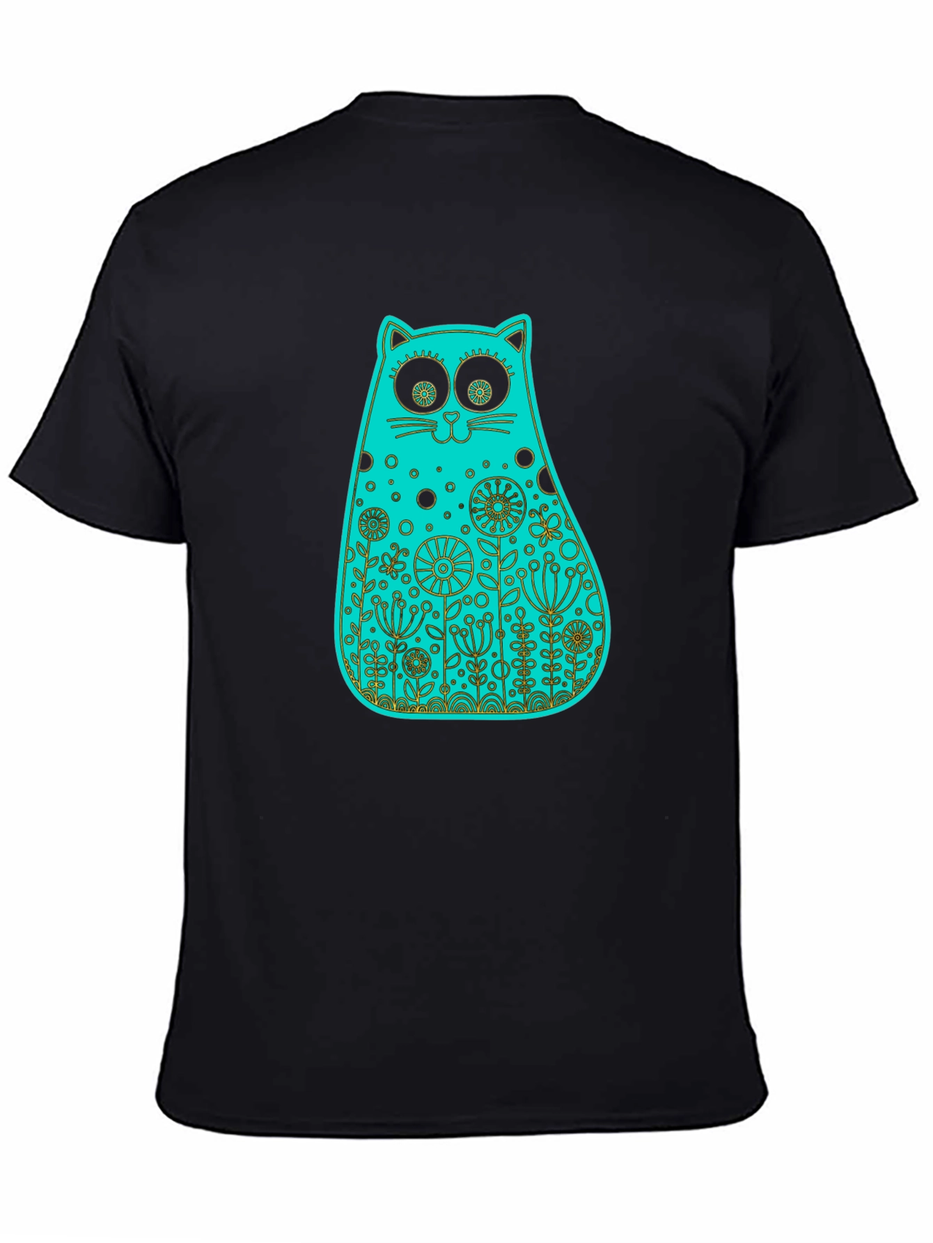 Whimsical Floral Cat Tee - Black Cotton T-Shirt