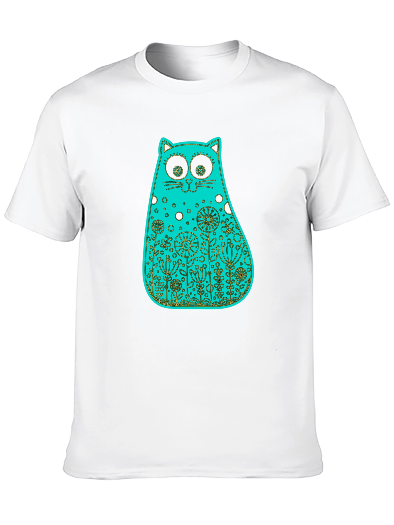 Whimsical Floral Cat Tee - Black Cotton T-Shirt