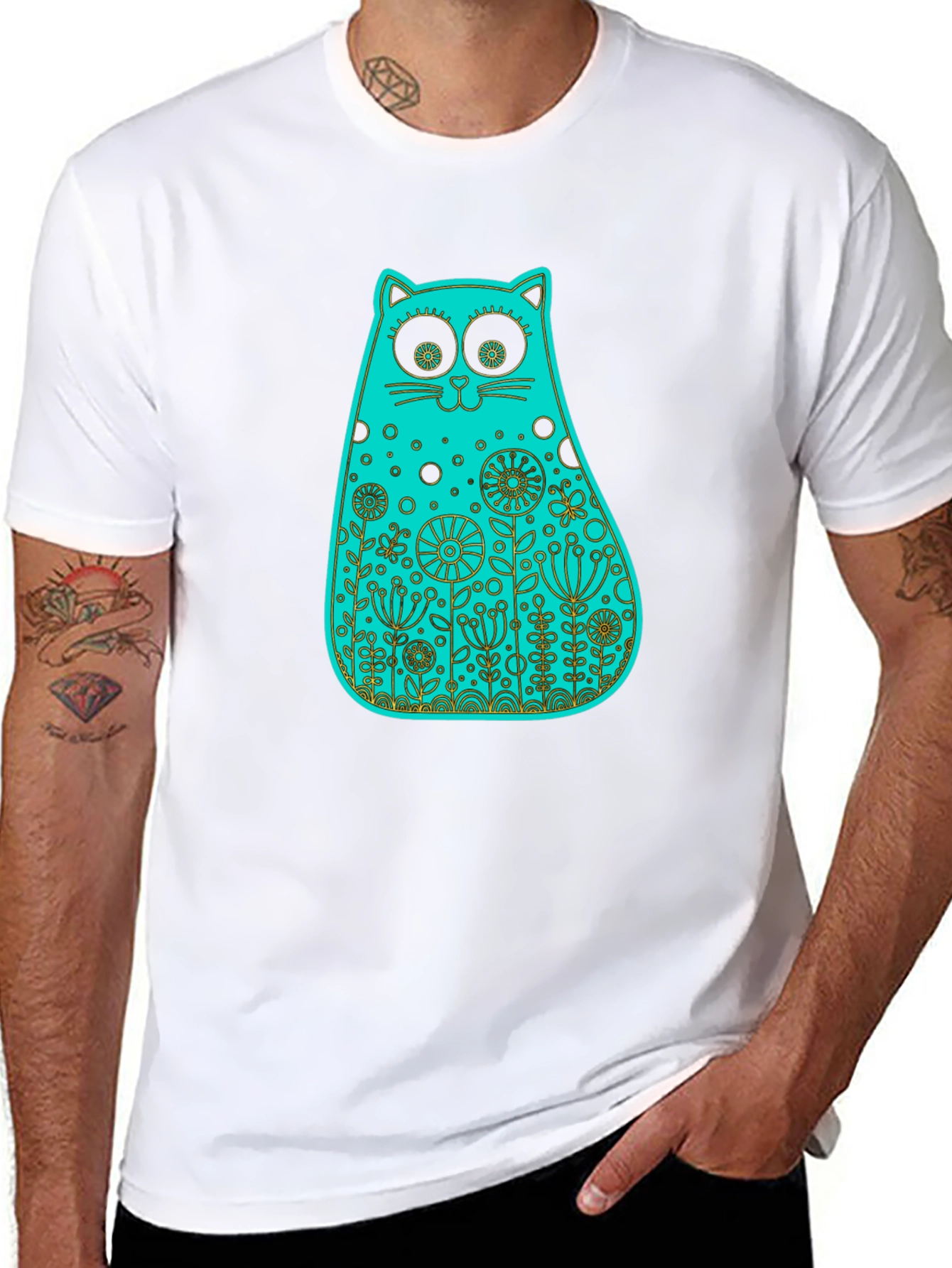 Whimsical Floral Cat Tee - Black Cotton T-Shirt