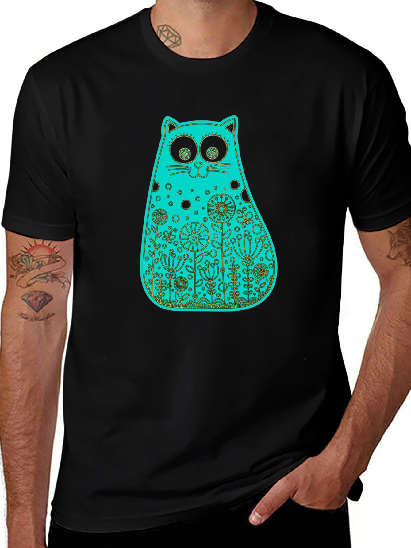 Whimsical Floral Cat Tee - Black Cotton T-Shirt
