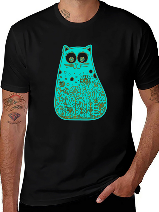 Whimsical Floral Cat Tee - Black Cotton T-Shirt
