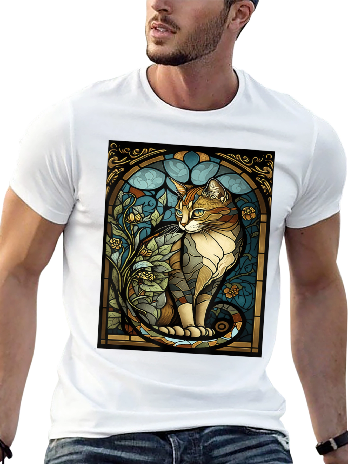 Stained Glass Cat Graphic Tee - Unique Design