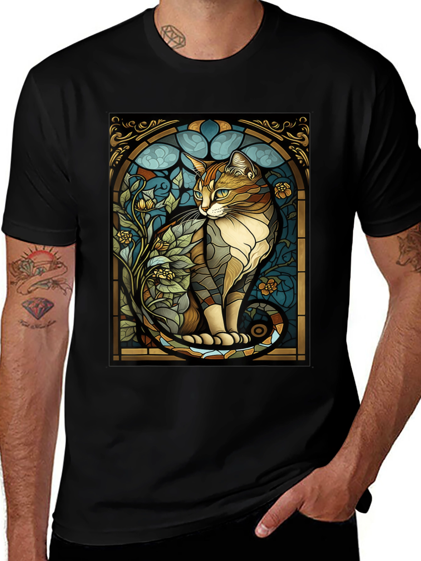 Stained Glass Cat Graphic Tee - Unique Design