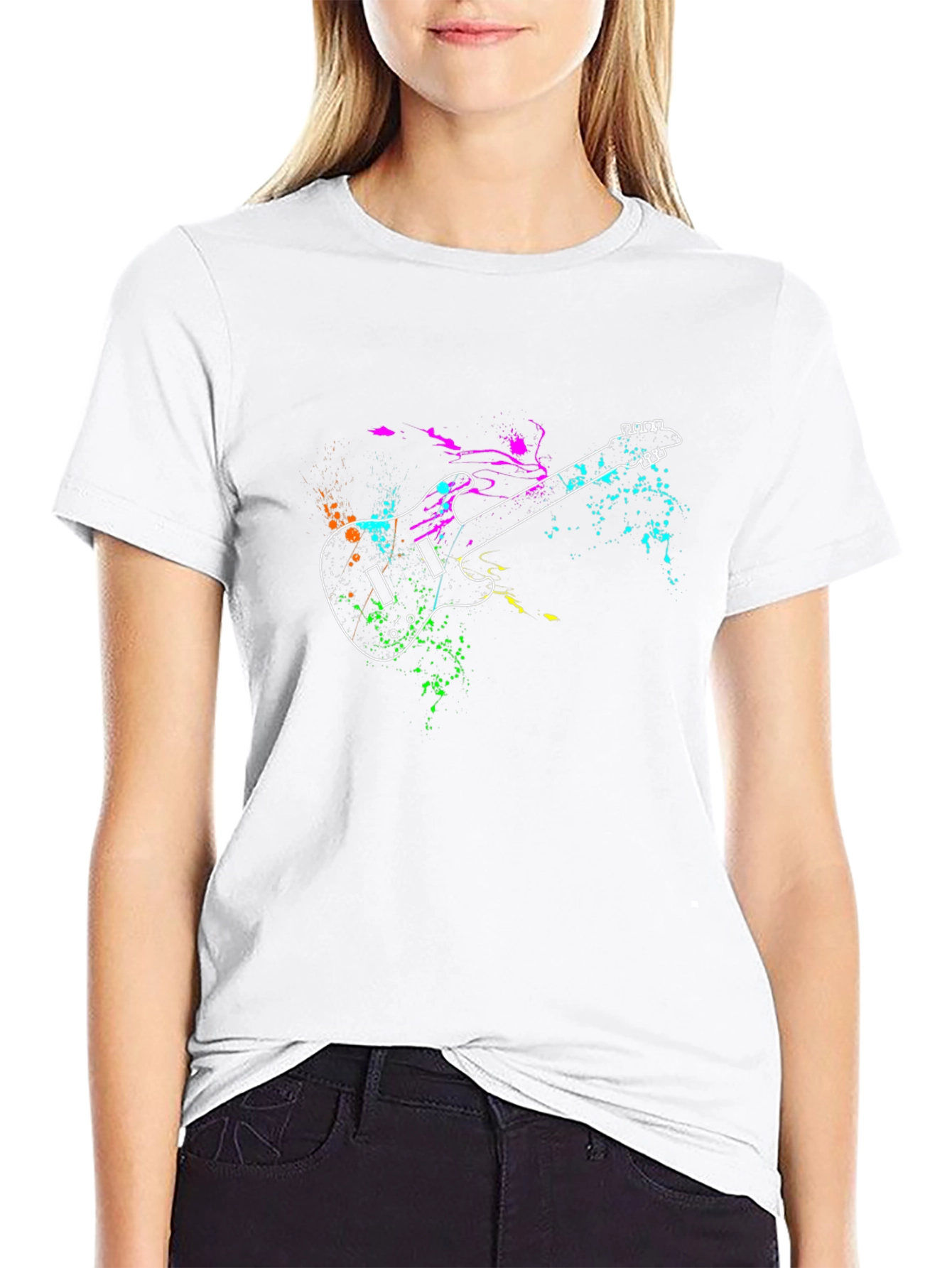 Guitar Splatter Print Black T-Shirt