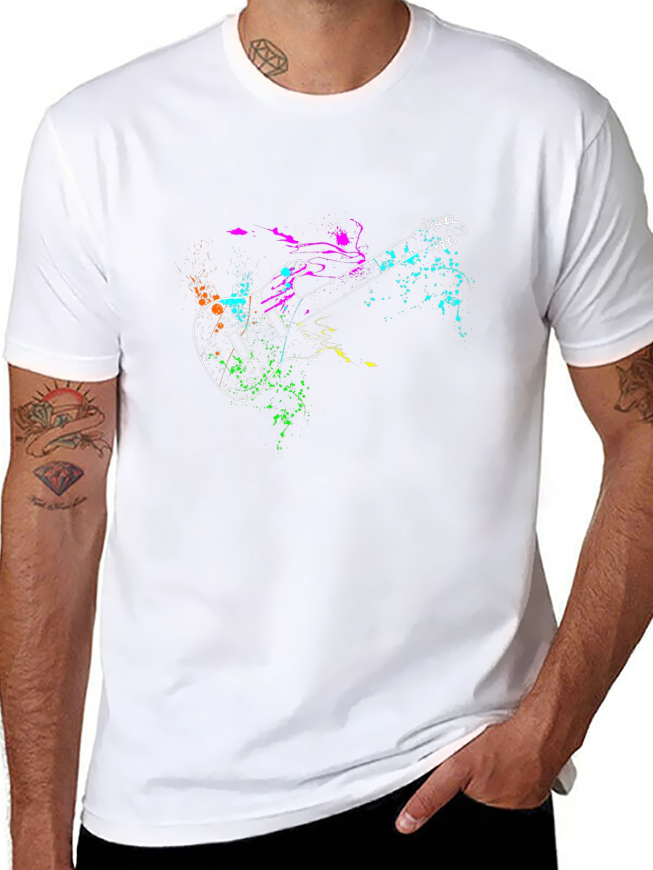 Guitar Splatter Print Black T-Shirt