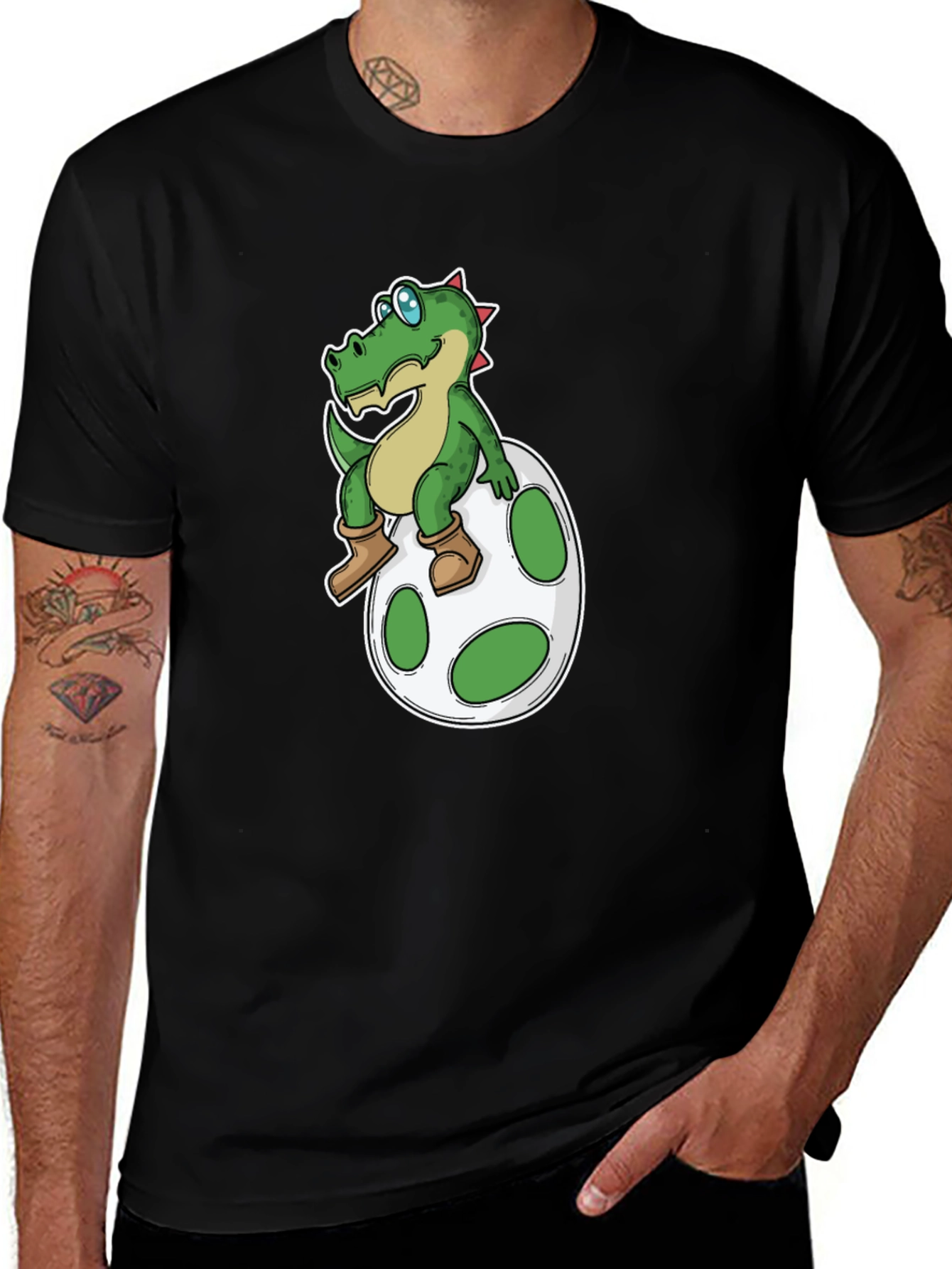 Cartoon Dinosaur on Egg T-Shirt - Black