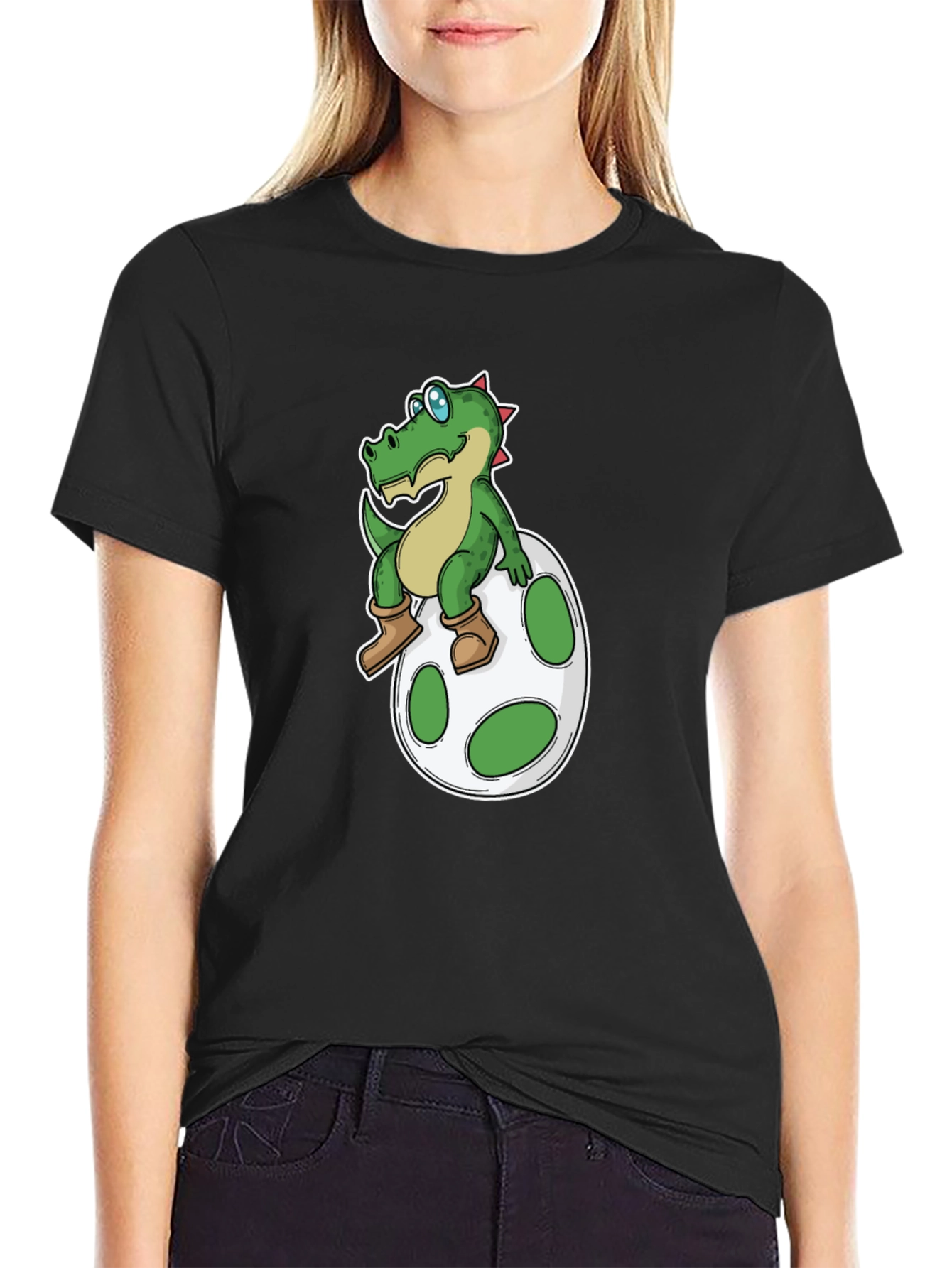 Cartoon Dinosaur on Egg T-Shirt - Black