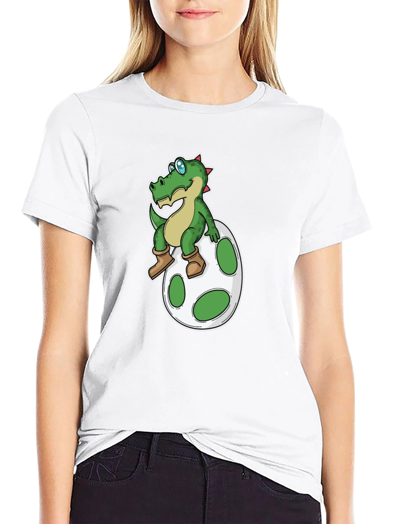 Cartoon Dinosaur on Egg T-Shirt - Black