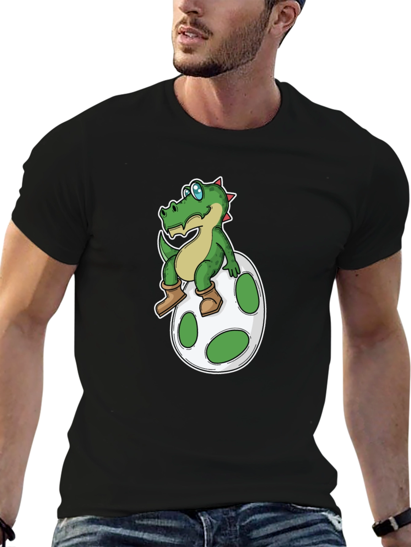 Cartoon Dinosaur on Egg T-Shirt - Black