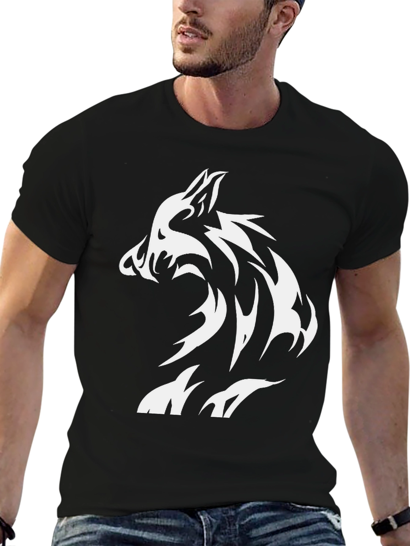 Tribal Wolf Graphic T-Shirt - Mens Black Tee