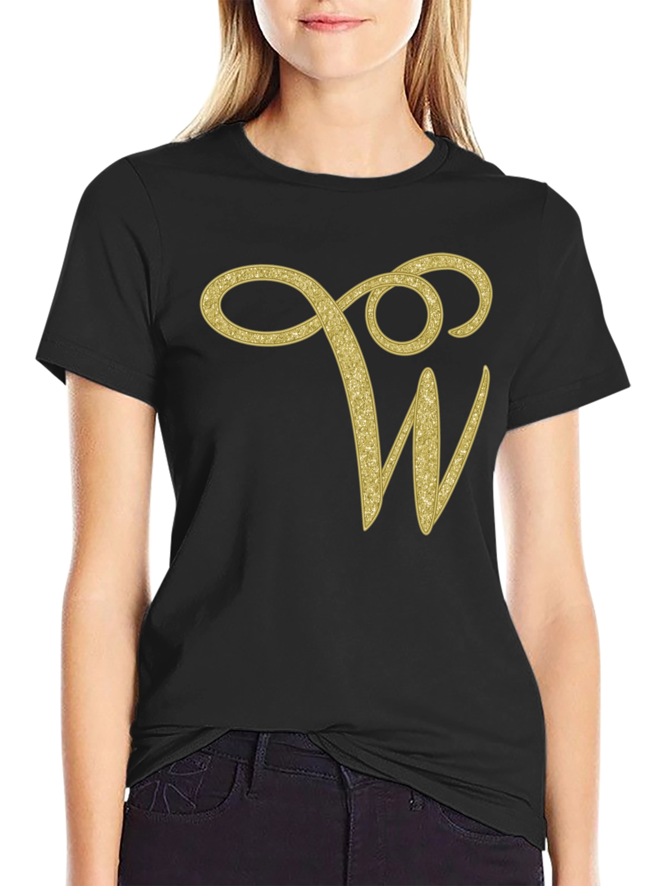 Elegant Initial W Black T-Shirt