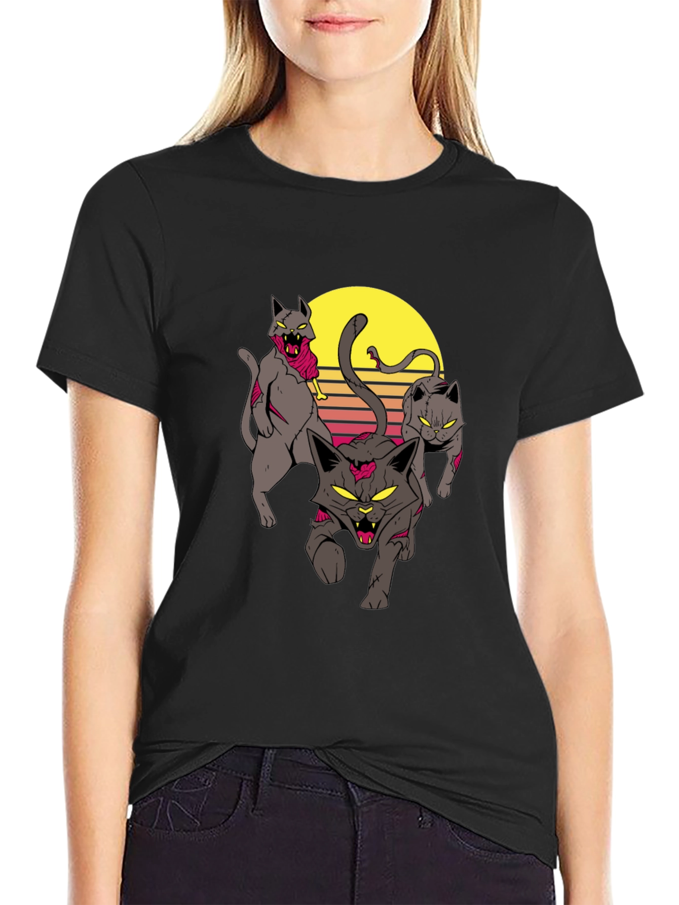 Zombie Cats Graphic Tee - Retro Sunset Style