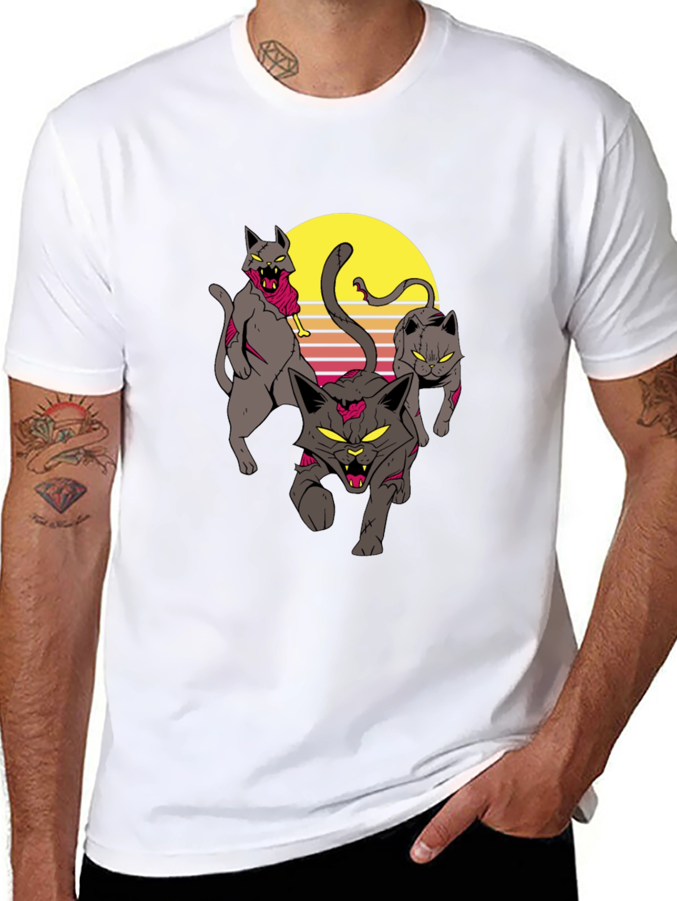 Zombie Cats Graphic Tee - Retro Sunset Style