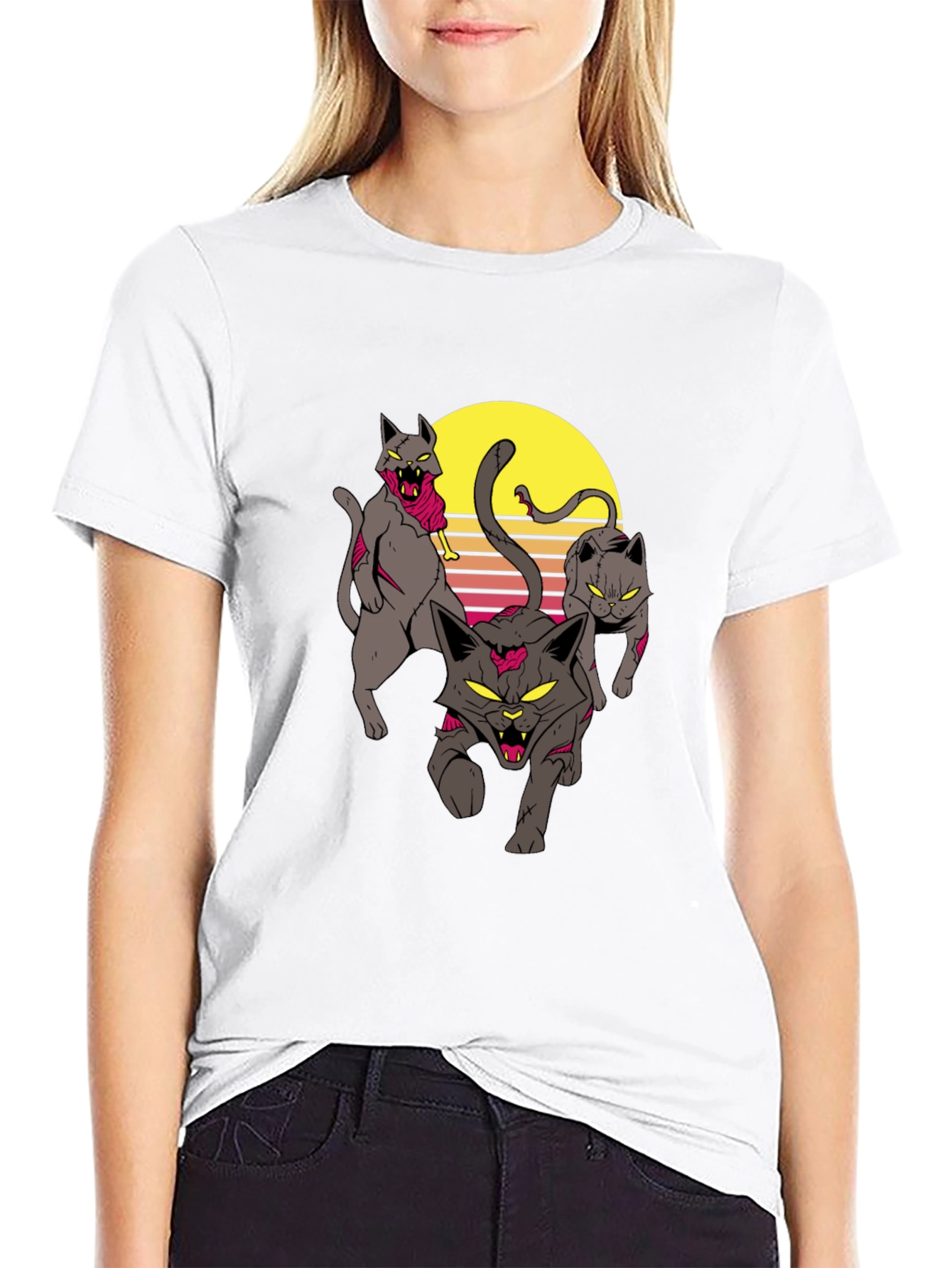 Zombie Cats Graphic Tee - Retro Sunset Style