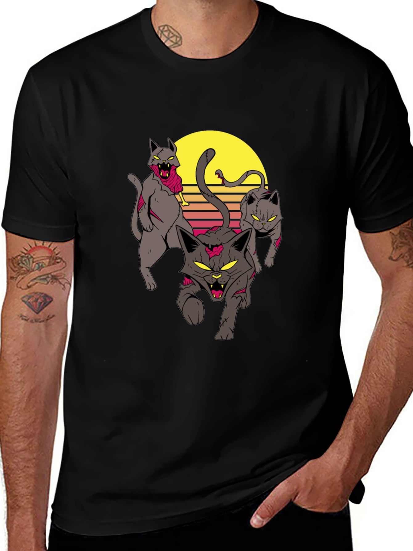 Zombie Cats Graphic Tee - Retro Sunset Style