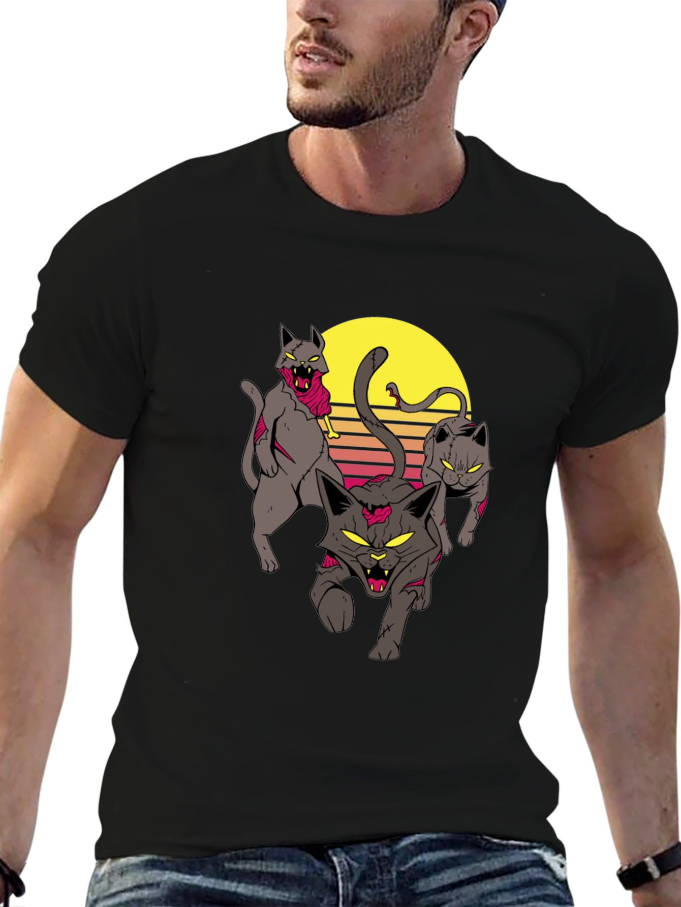 Zombie Cats Graphic Tee - Retro Sunset Style