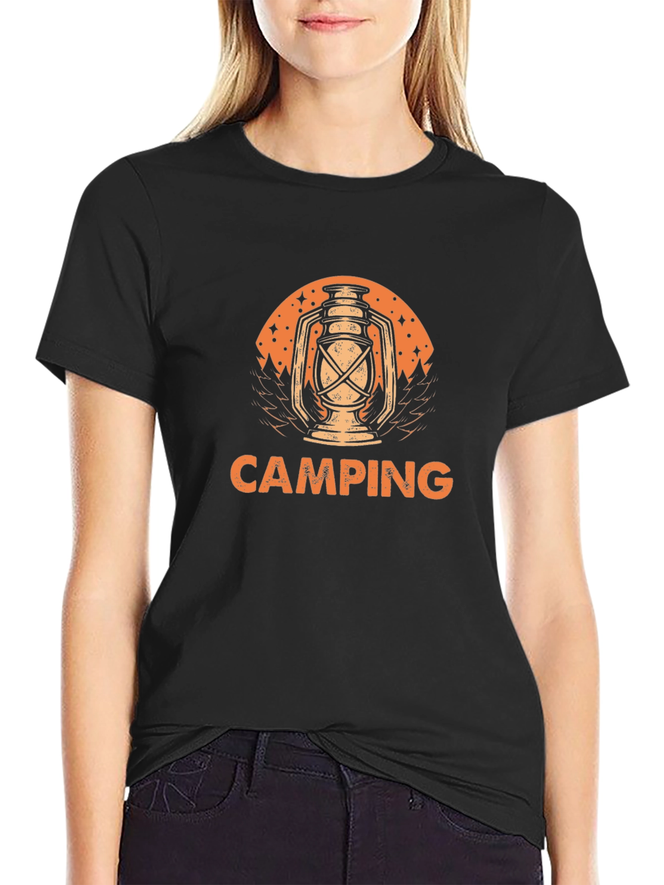 Camping Lantern Graphic Tee - Black Cotton T-Shirt