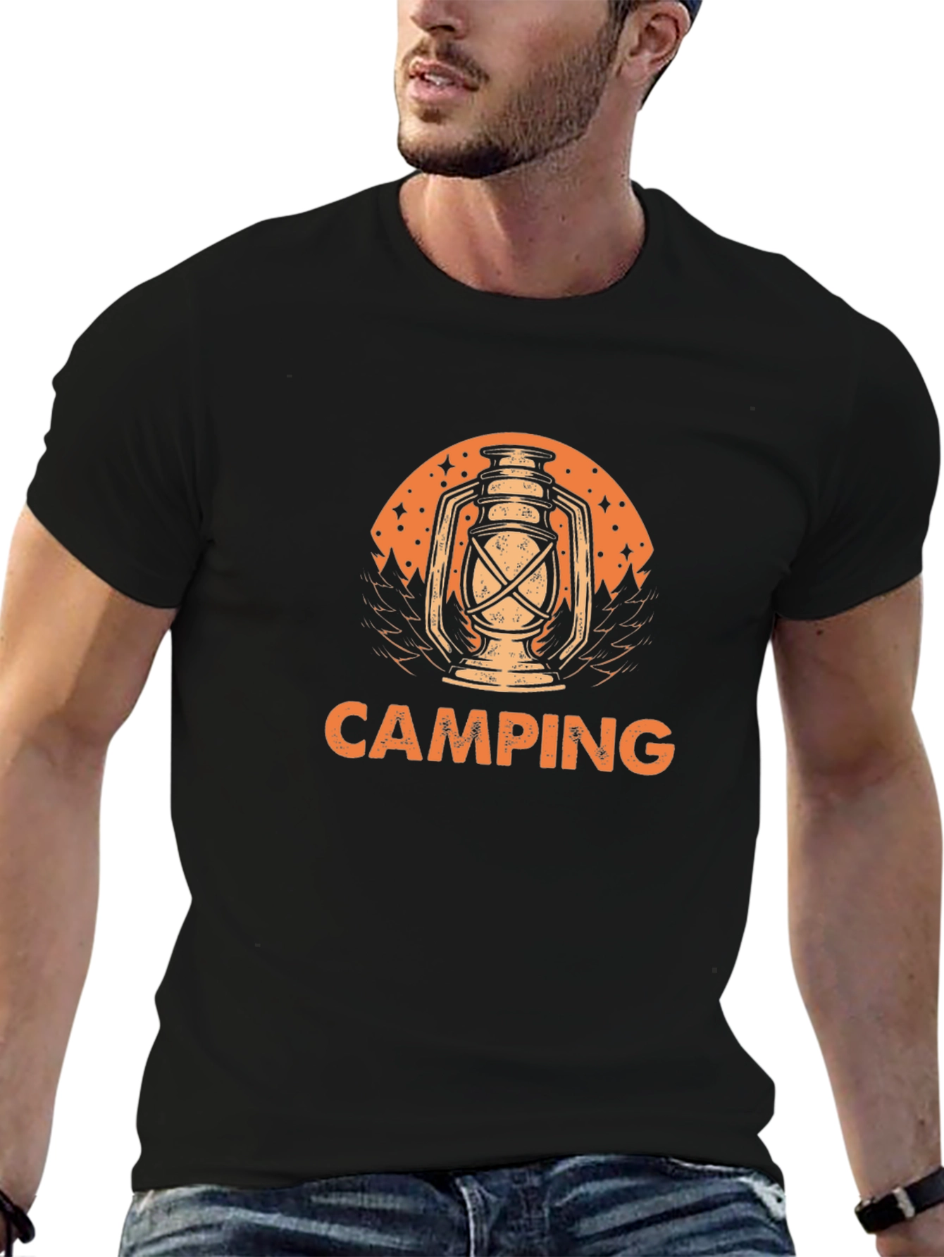 Camping Lantern Graphic Tee - Black Cotton T-Shirt