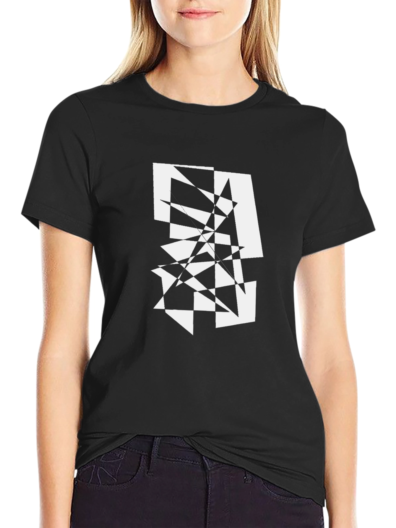 Abstract Geometric Graphic Print Tee - Black
