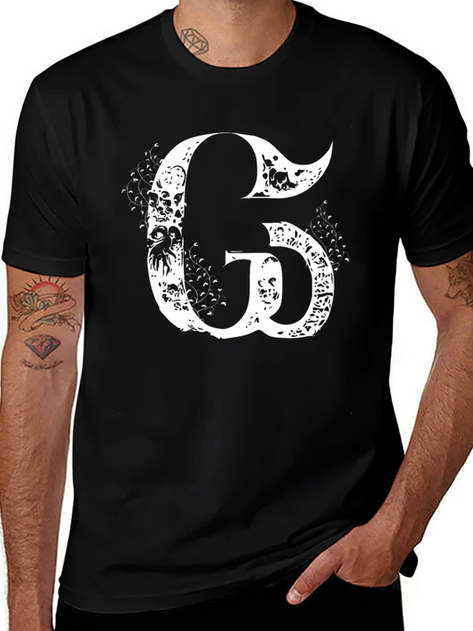 Gothic Letter G Black T-Shirt - Skull & Floral Design