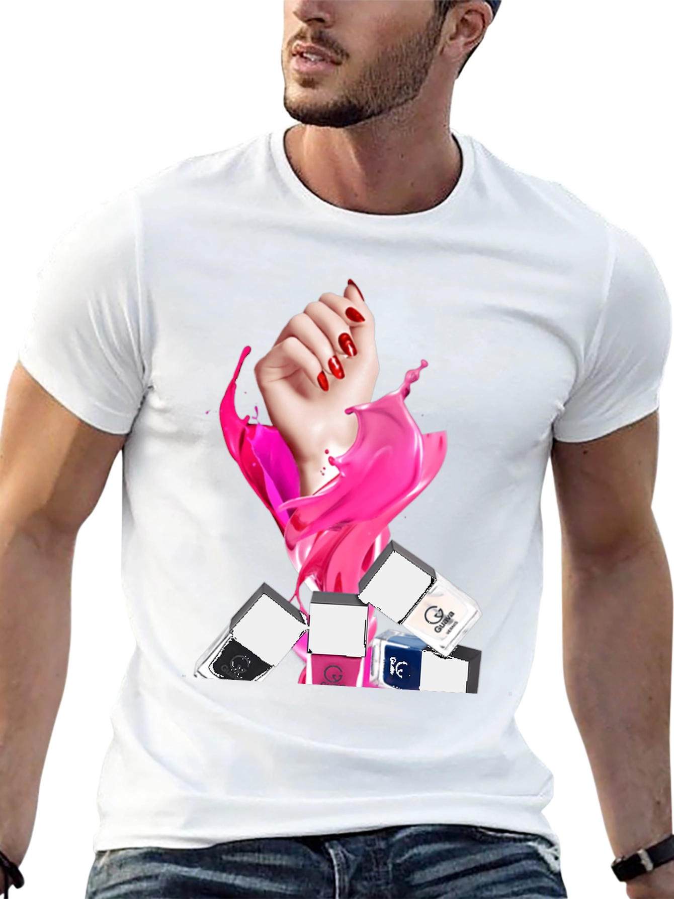 Stylish Black T-Shirt with Nail Polish Design