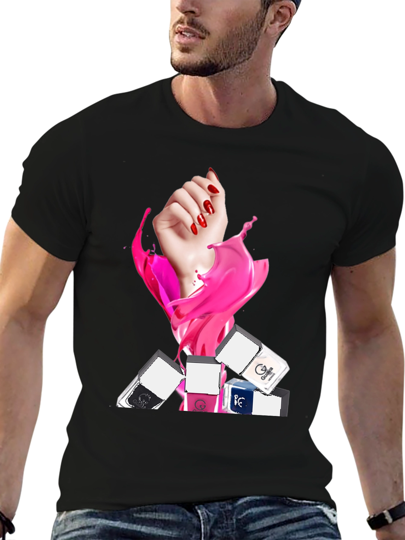 Stylish Black T-Shirt with Nail Polish Design