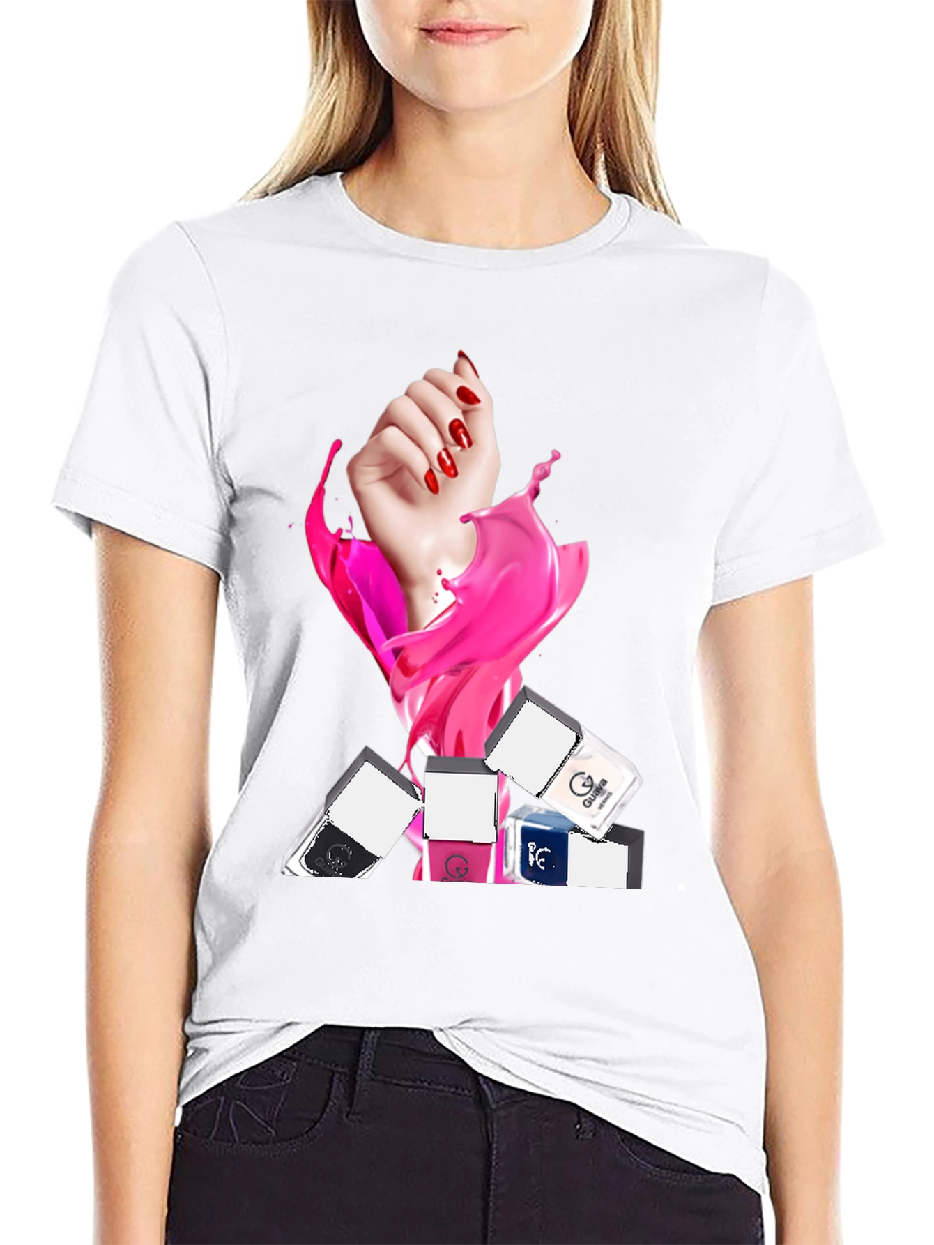 Stylish Black T-Shirt with Nail Polish Design