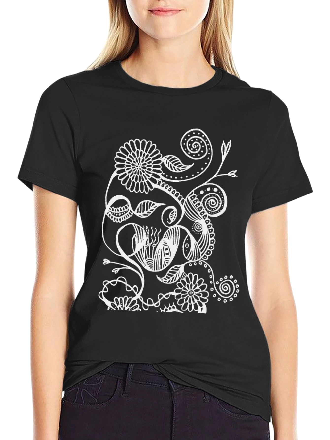 Floral Doodle Graphic T-Shirt - Black Casual Tee