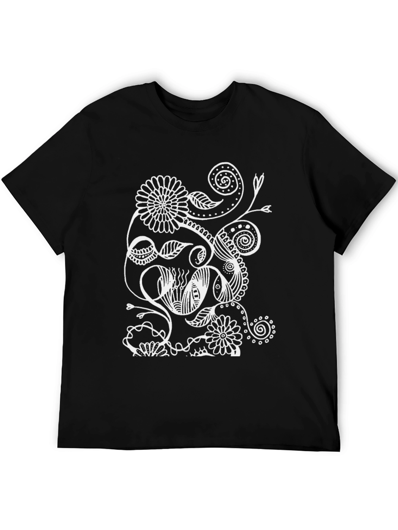 Floral Doodle Graphic T-Shirt - Black Casual Tee