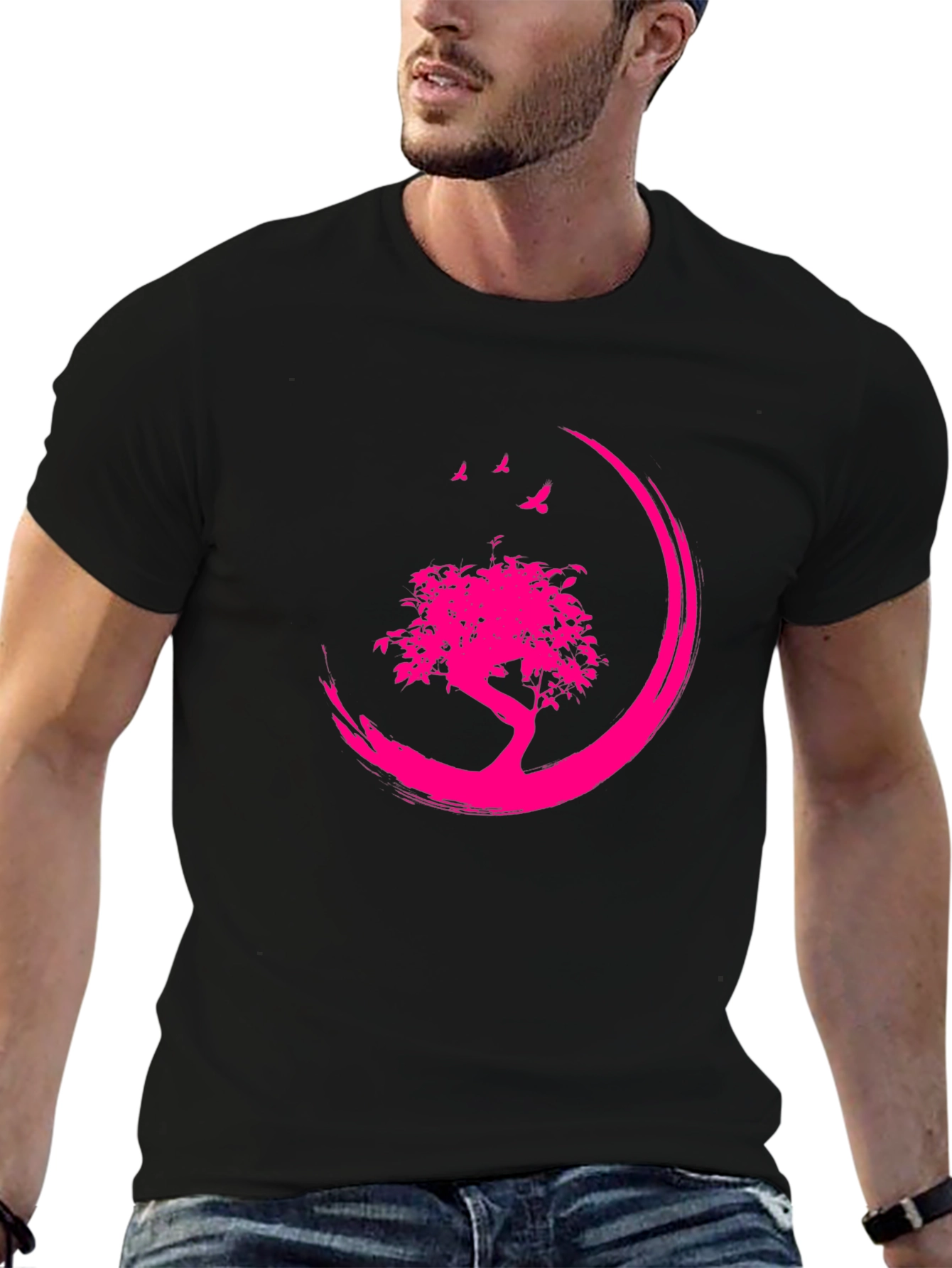 Black T-Shirt with Pink Tree Design