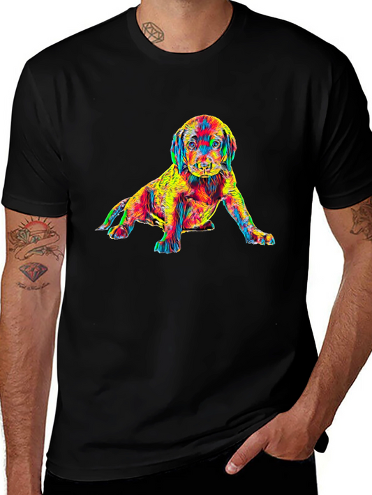 Colorful Puppy Graphic Black T-Shirt